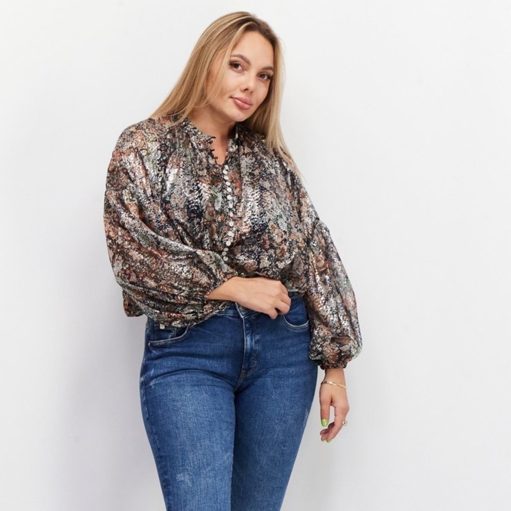 "Kourt" Black & Gray Floral Ballon Sleeve Blouse - Size M - Picture 2 of 13